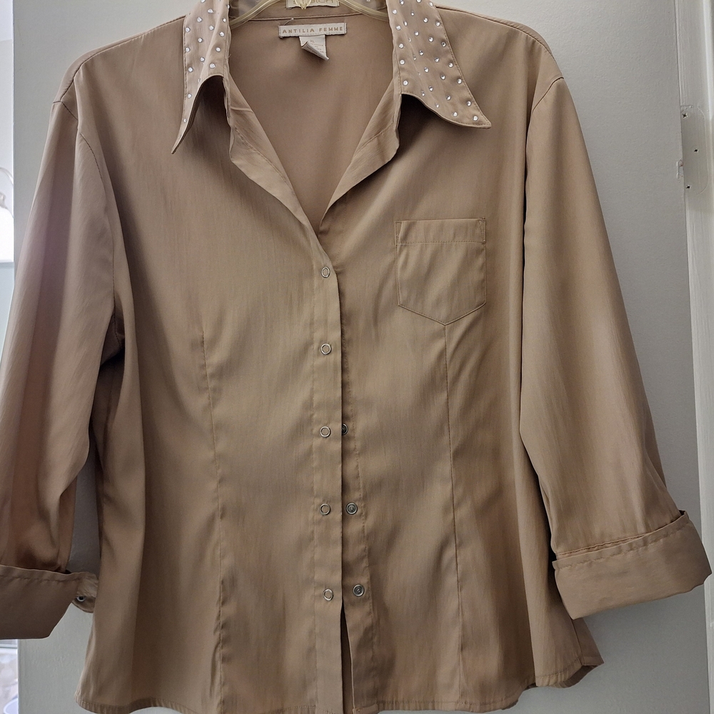 Antilia Femme Beige Button-Down Shirt with Studded Collar